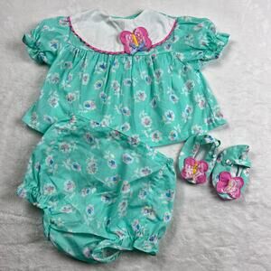Vintage Mayfair Green Butterfly Dress Bloomers Outfit Shoes Size 6-9 Months